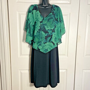 Vintage Y2K Connected Apparel Dress Women 14 Black Sleeveless Green Floral Drape